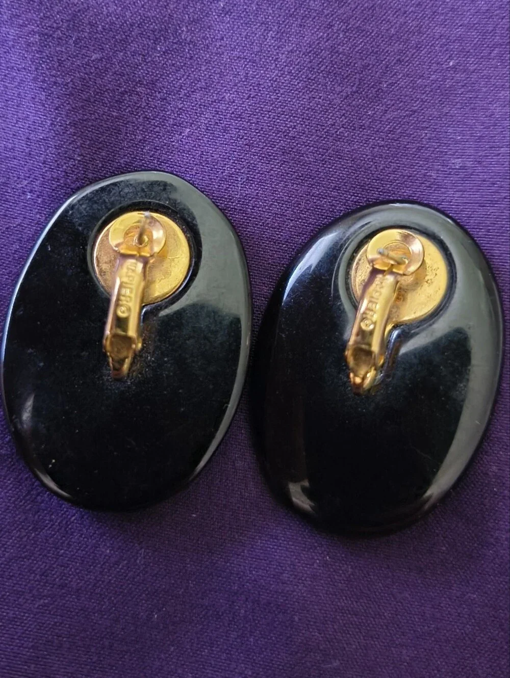 Vintage 1980s Napier Black Resin Gold Tone Back Earrings. Estate Find